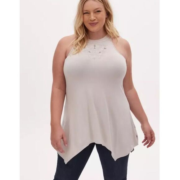 Torrid Size 2 Chateau Gray Ivory Embroidered Handkerchief High Neck Tank - Picture 1 of 8
